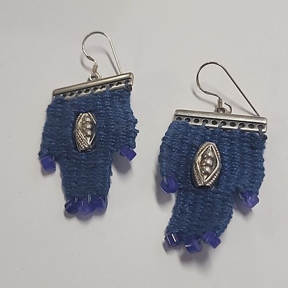 Woven Blue Earrings Dangle Drop Silver Tone Metal Womens Jewelry - Picture 3 of 3